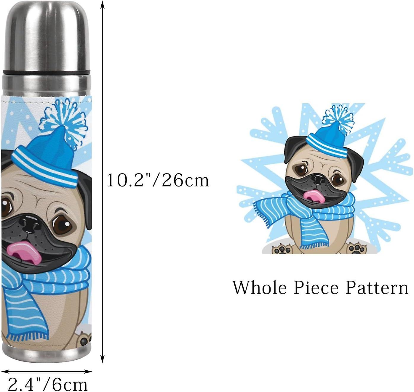 Insulated Mug Stainless Steel Water Bottle Pug Dog In Hat With Snowflake Vacuum Cup Travel Mug For School Office