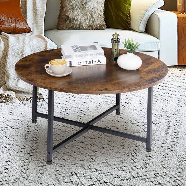 Modern Round Industrial Coffee Table with Rustic Brown Wood Top - 31.5