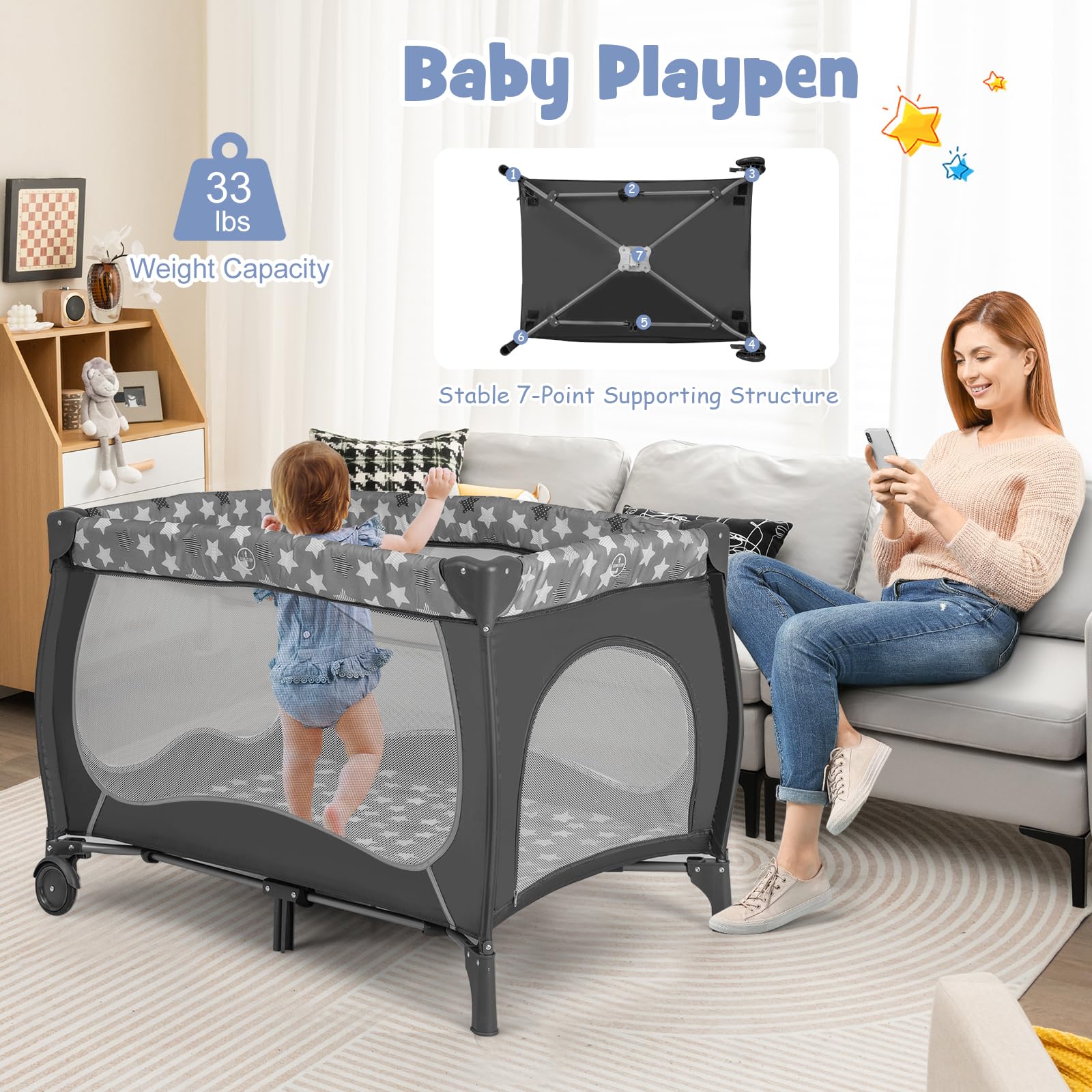 BABY JOY 4 in 1 Pack and Play, Portable Baby Playard with Bassinet