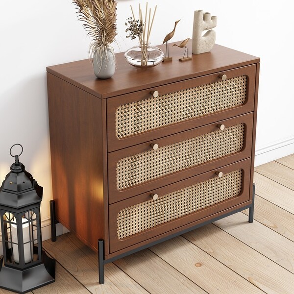 Modern Rattan Closet 3-Drawer Chest， Wood Storage Cabinet - - 37920428