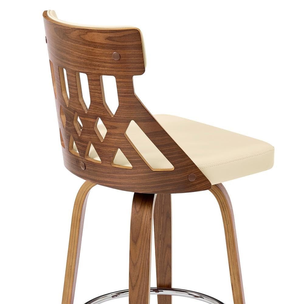 Armen Living Crux 30 in. Bar Height High Back Swivel Bar Stool in Cream Faux Leather and Walnut Wood LCCXBAWACR30