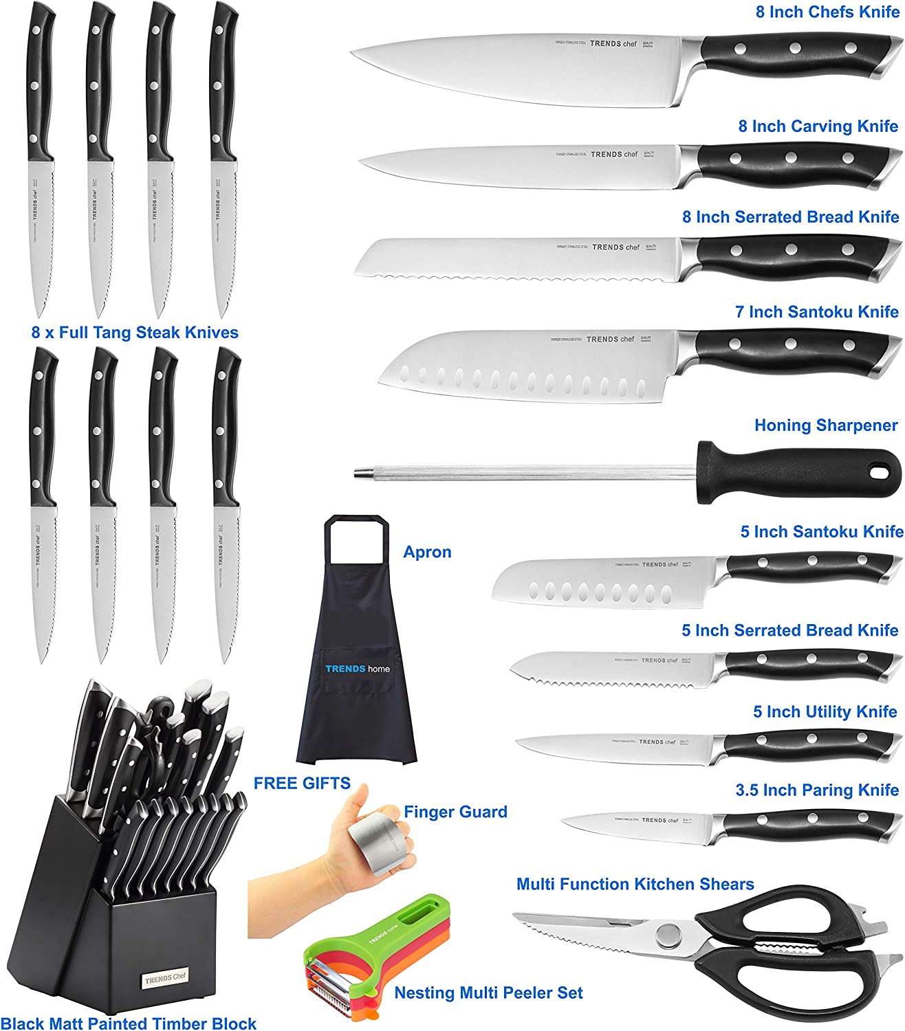 TRENDS Chef 19 Pc Premium German Steel #1.4116 Kitchen Knife Block Set. Triple Rivet， This set of Knives is a super sharp knife set for the kitchen， 16 Knives， Sharpener， Block， and kitchen shears.