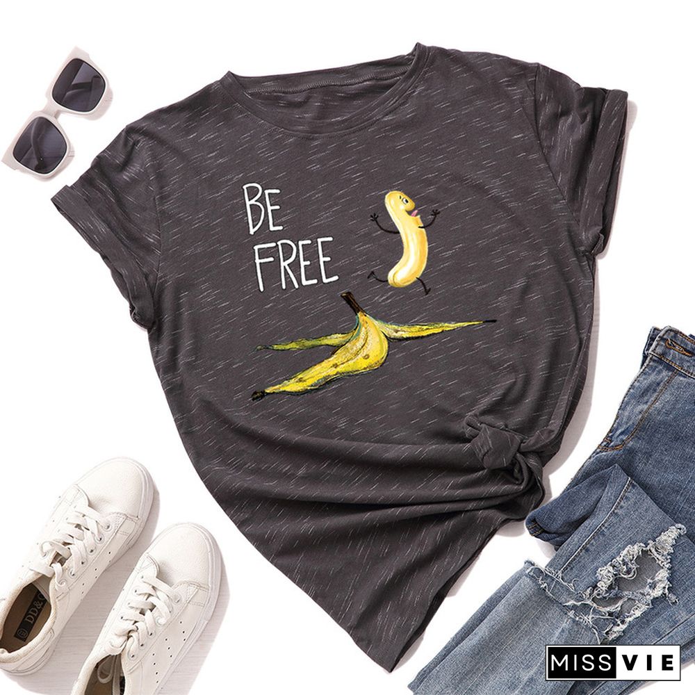 JCGO Summer Cotton Women T Shirt Fashion Short Sleeve Funny Free Banana Print Ladies Tee Shirt Tops Casual O-Neck Female T-shirt