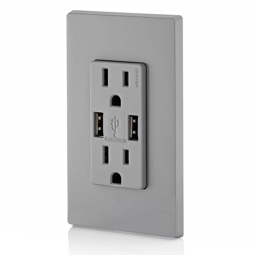 Leviton Decora 15A 125V Gray NEMA 5-15R Outlet and USB Charger