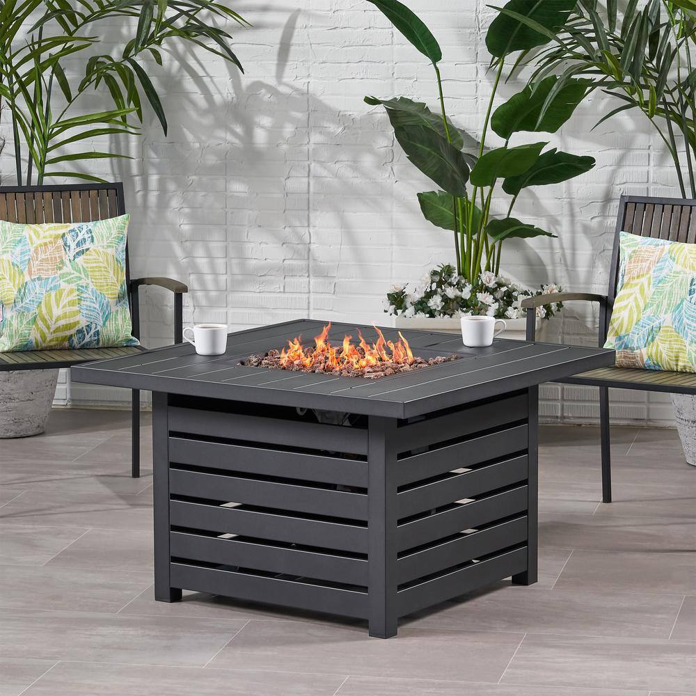 Noble House Rene 39.25 in. W x 24 in. H Outdoor Iron Gas Burning Matte Black Square Fire Pit 69668