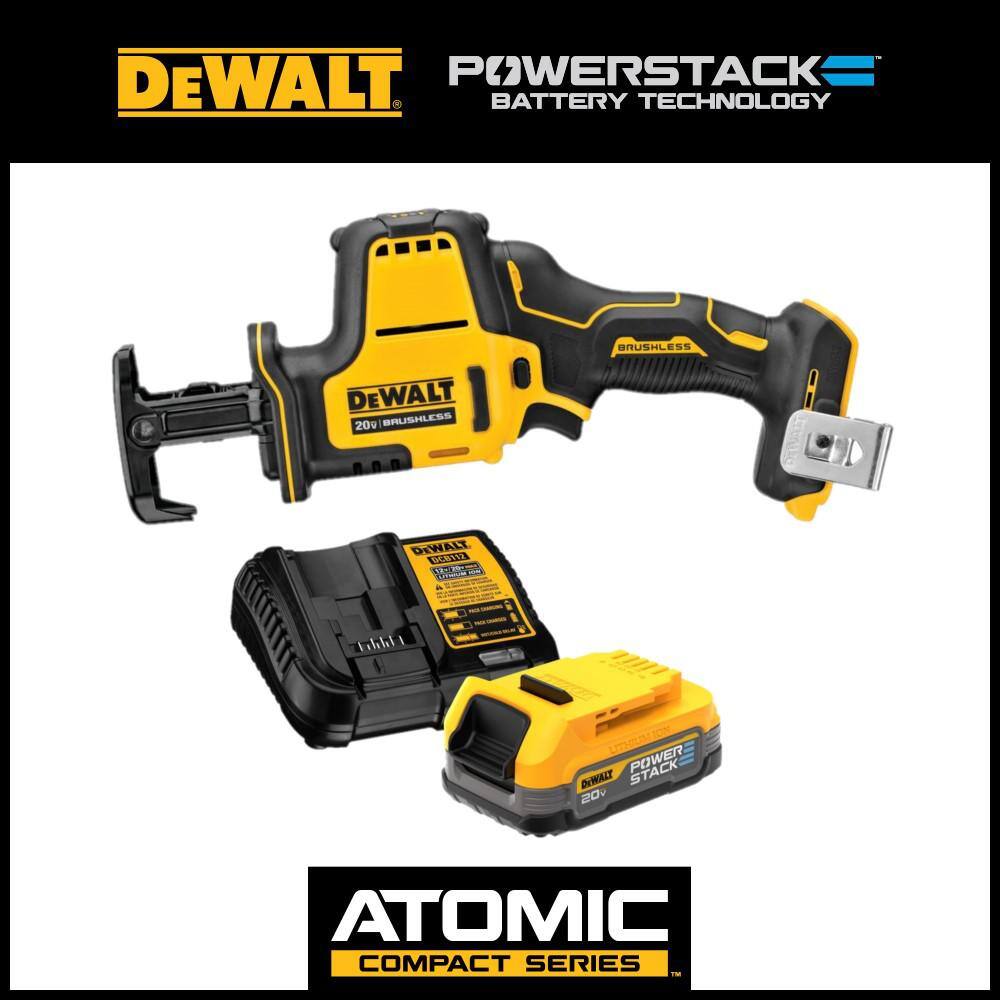 DW ATOMIC 20V MAX Cordless Brushless Compact Reciprocating Saw and 20V POWERSTACK Compact Battery Starter Kit DCS369BWP034C