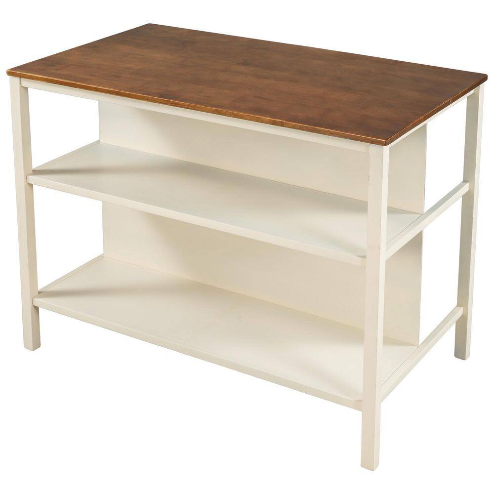 Polibi 45 in. Rectangle Rustic Walnut Wood Top with Cream White Wood Frame Butcher Block Kitchen Island SP-WY45R-AAD