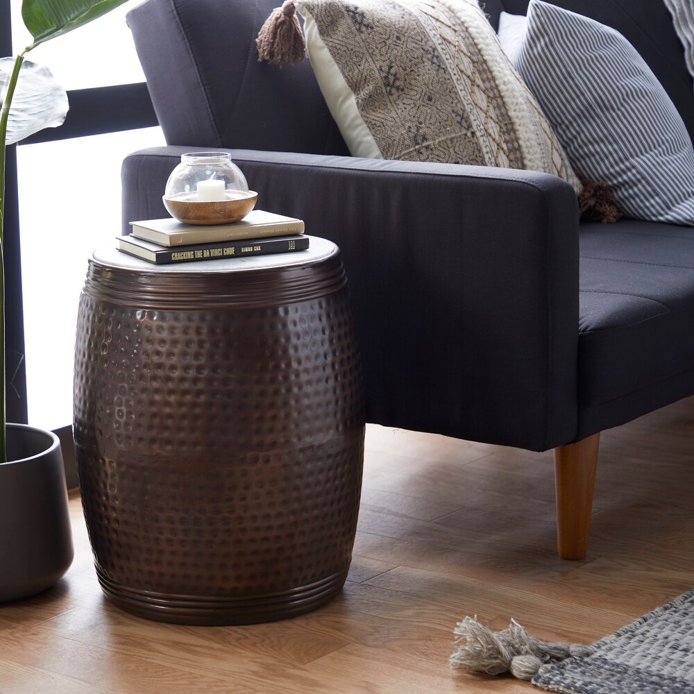 Brown Metal Accent Table with Marble Top   16 x 16 x 19Round