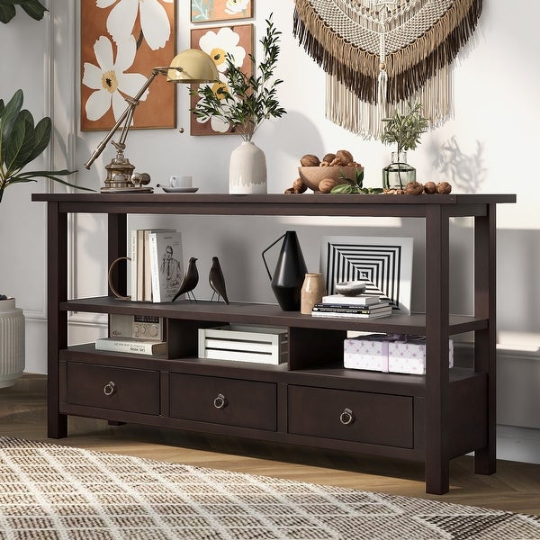 Solid Console Table Double-Storey Tabletop with Three Drawers