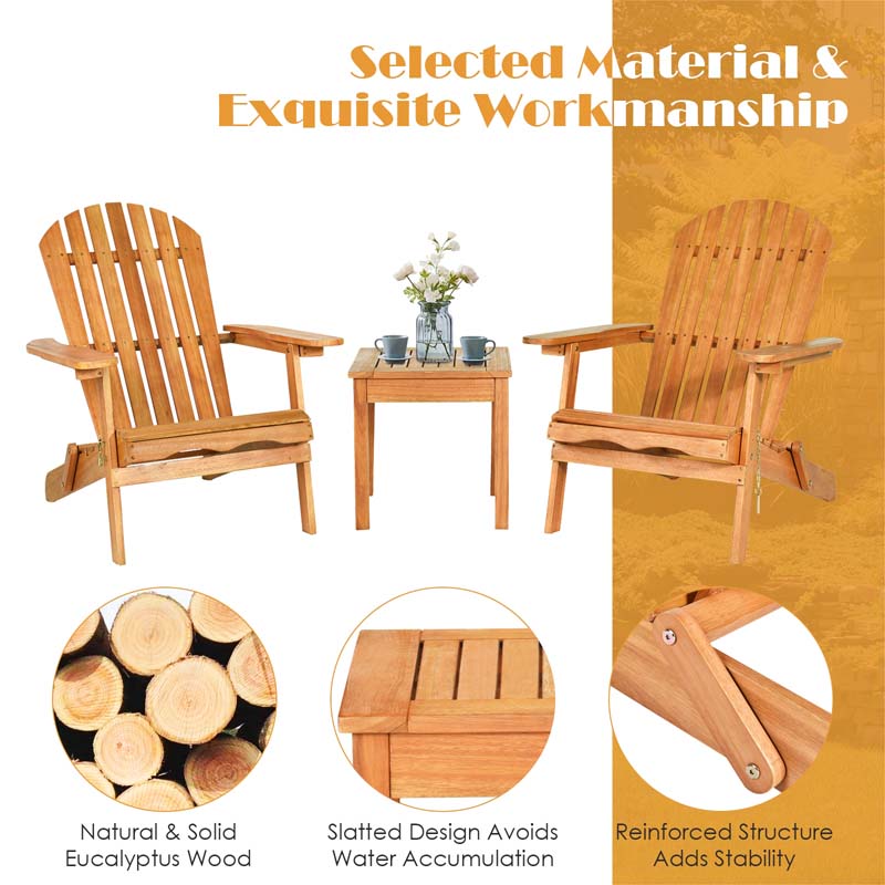 3 Pcs Slatted Design Wooden Adirondack Chair Set with Side Table & 2 Folding Lounger Chairs