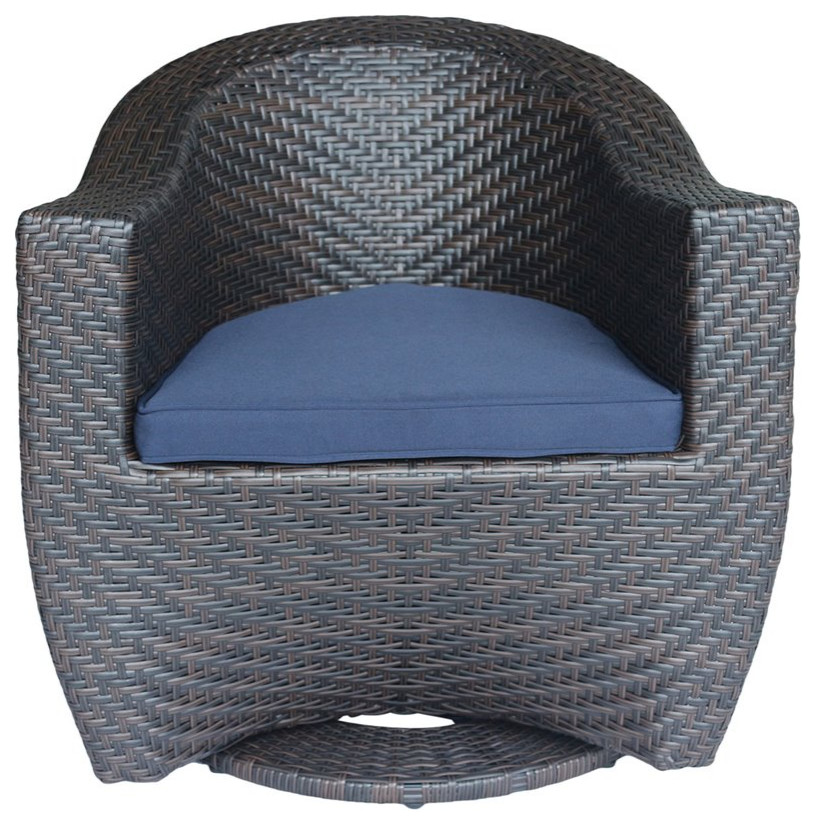 Noble House Larchmont Outdoor Wicker Swivel Chair Multi Brown and Navy   Tropical   Outdoor Lounge Chairs   by Homesquare  Houzz