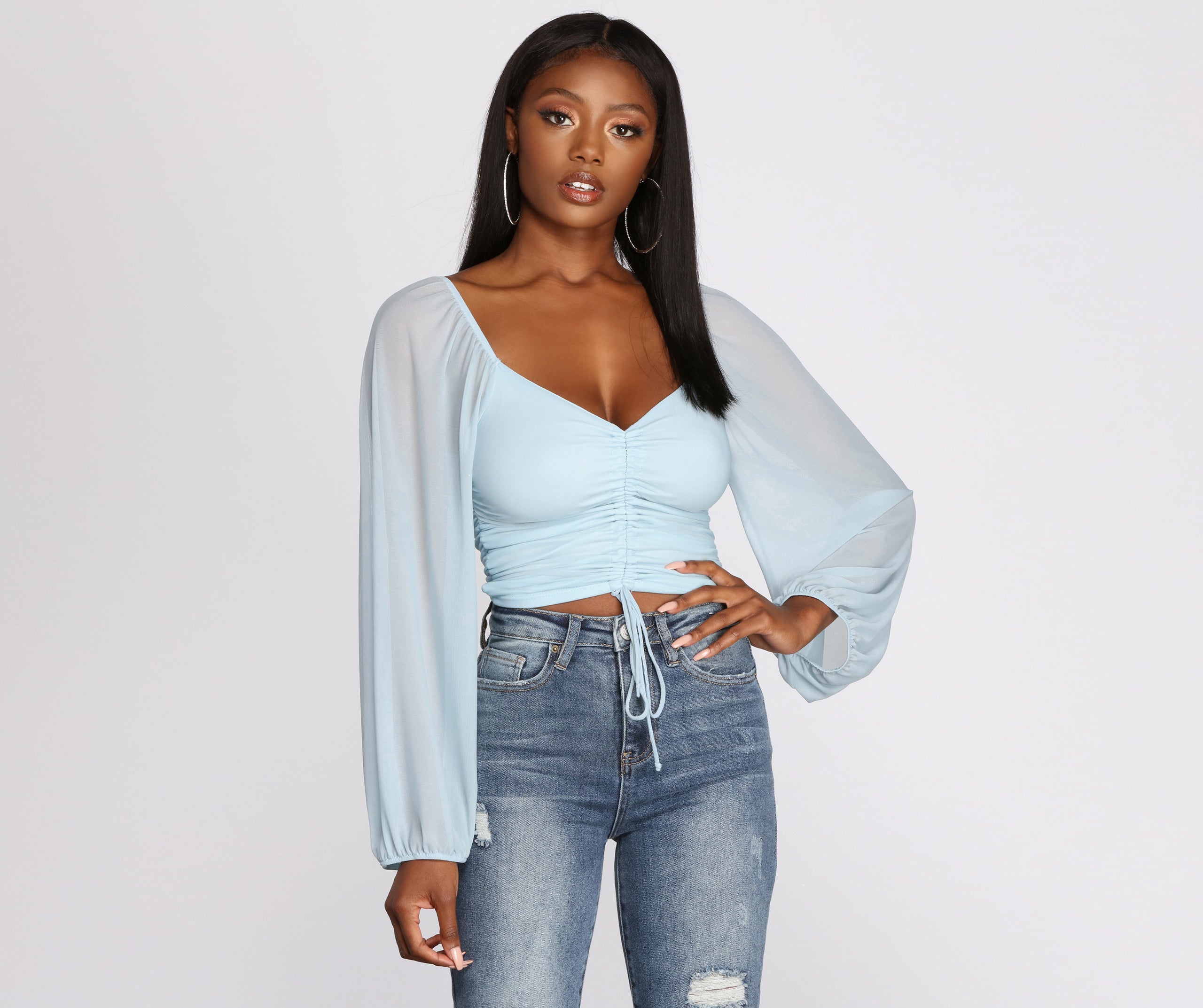 Float On Balloon Sleeve Mesh Crop Top