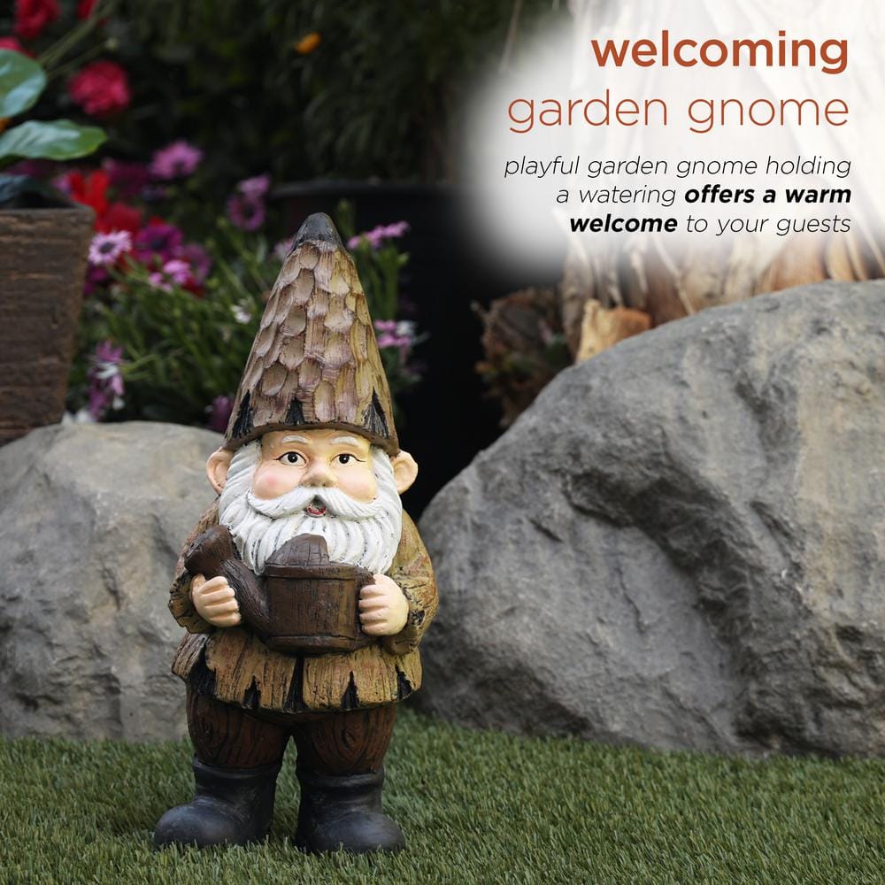 Alpine Corporation 16 in. H Indoor/Outdoor Garden Gnome with Watering Can Statue, Brown YEN576HH