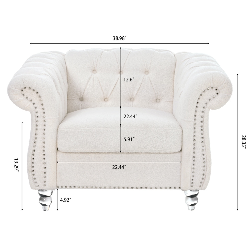 Livingroom Accent Chair  1 Seater Teddy Velvet Cover Sofa Armchair Rolled Arms Chair Lounge Chairs with Nailheads  White