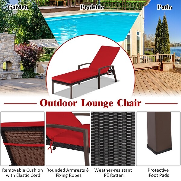 2PCS Patio Rattan Lounge Chair Chaise Recliner Back Adjustable Cushion