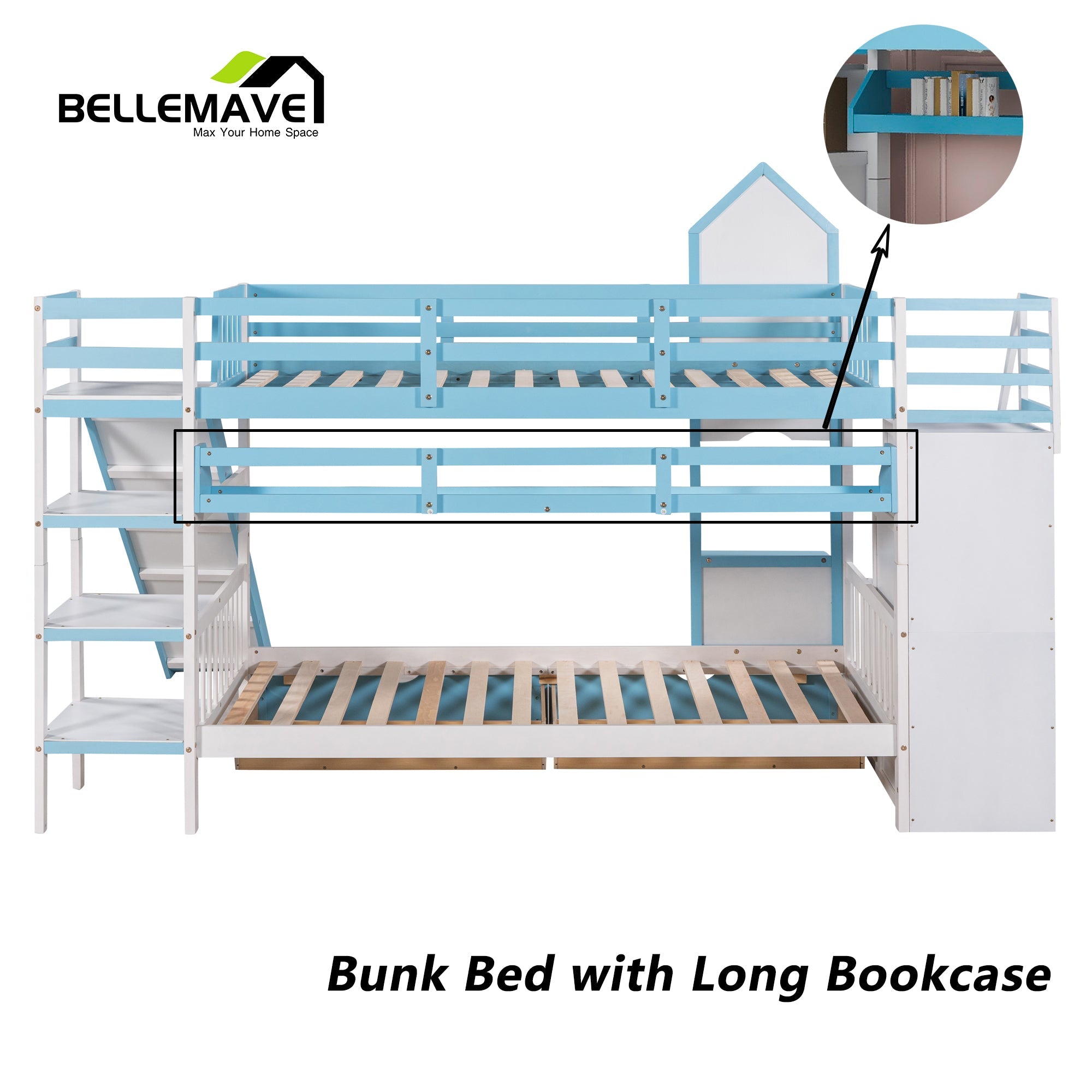 BELLEMAVE Kids Castle Bunk Bed with Storage Drawers, Shelf, Slide and Safety Guardrail, Twin over Twin Bunk Bed with Stairs, Castle Bunk Bed/Playhouse Bed for Girls, Boys, Kids(Blue)