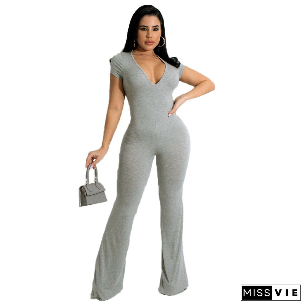 Short Sleeve V-neck Solid Flare Jumpsuit