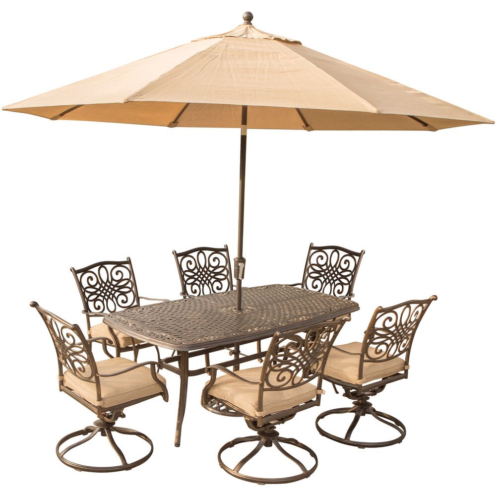 Hanover Traditions Tan Aluminum 7 piece Dining Set with Umbrella and Stand