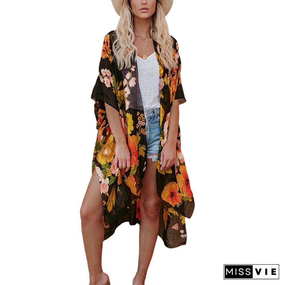 Women's Floral Smock Short-Sleeved Tops Beach Sunscreen Loose Printed Clothes Plus Size Cover Ups Party Dresses