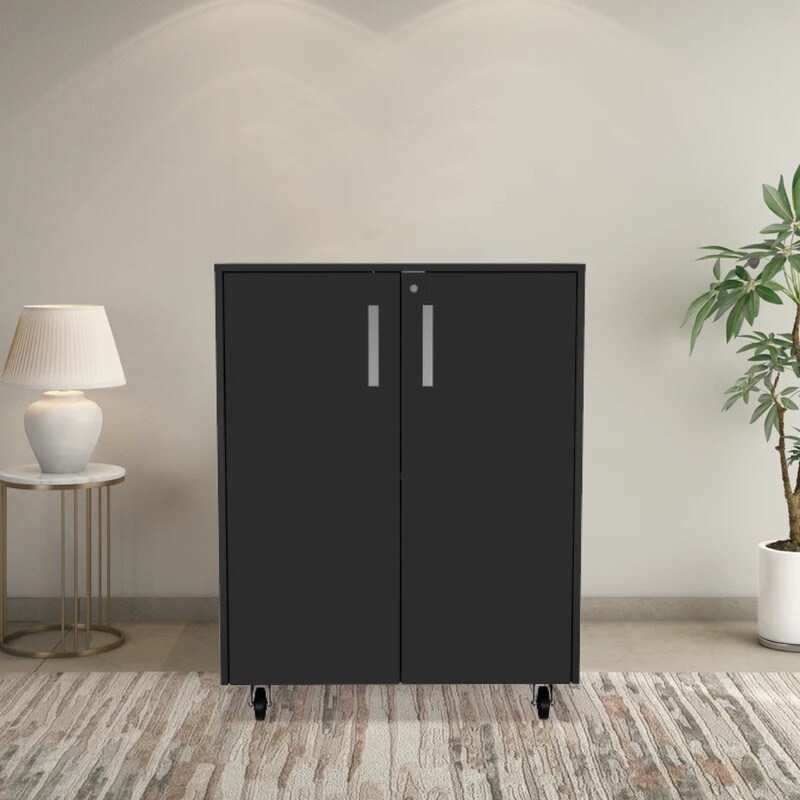 Two Door storage cabinet Black accent cabinet Particle Boar casters