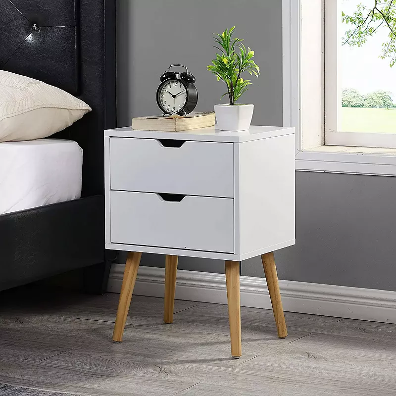 Sweetgo Modern Wooden Nightstand Table with 2 Storage Drawers， White， Set of 2