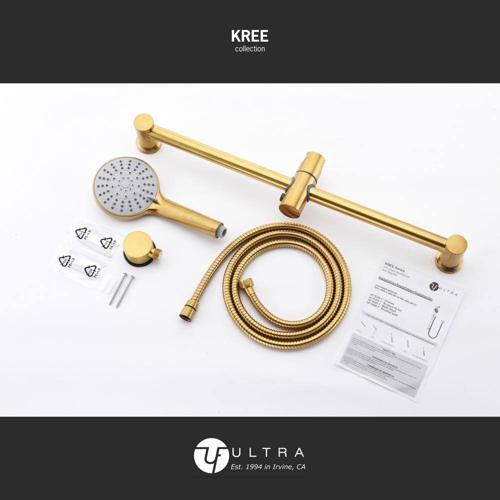 Ultra Faucets Kree 5-Spray Round High Pressure Multifunction Wall Bar Shower Kit with Hand Shower in Brushed Gold UF78308-7R