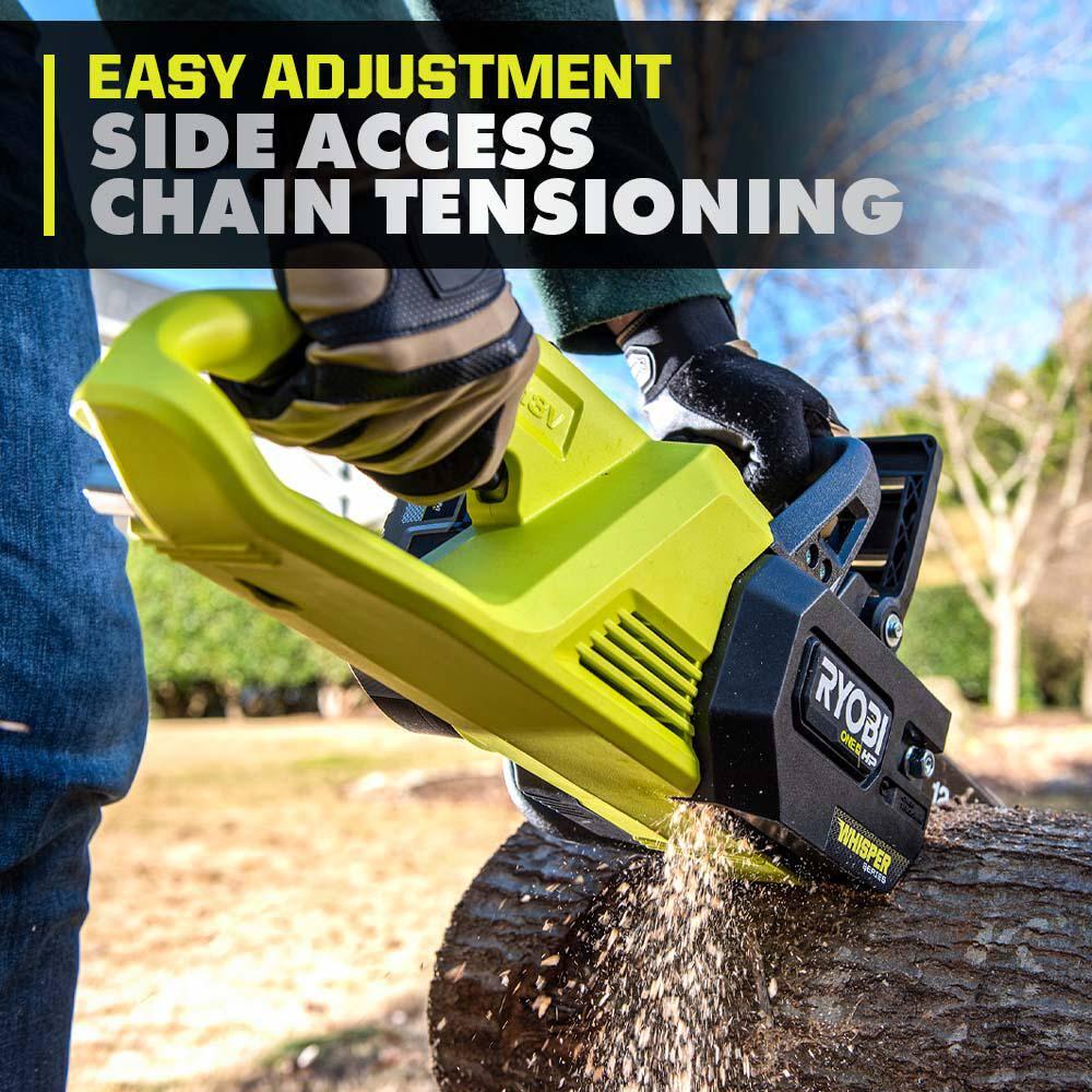 RYOBI ONE HP 18V Brushless Whisper Series 12 in Battery Chainsaw w Extra Chain Bar and Chain Oil 60 Ah Battery and Charger