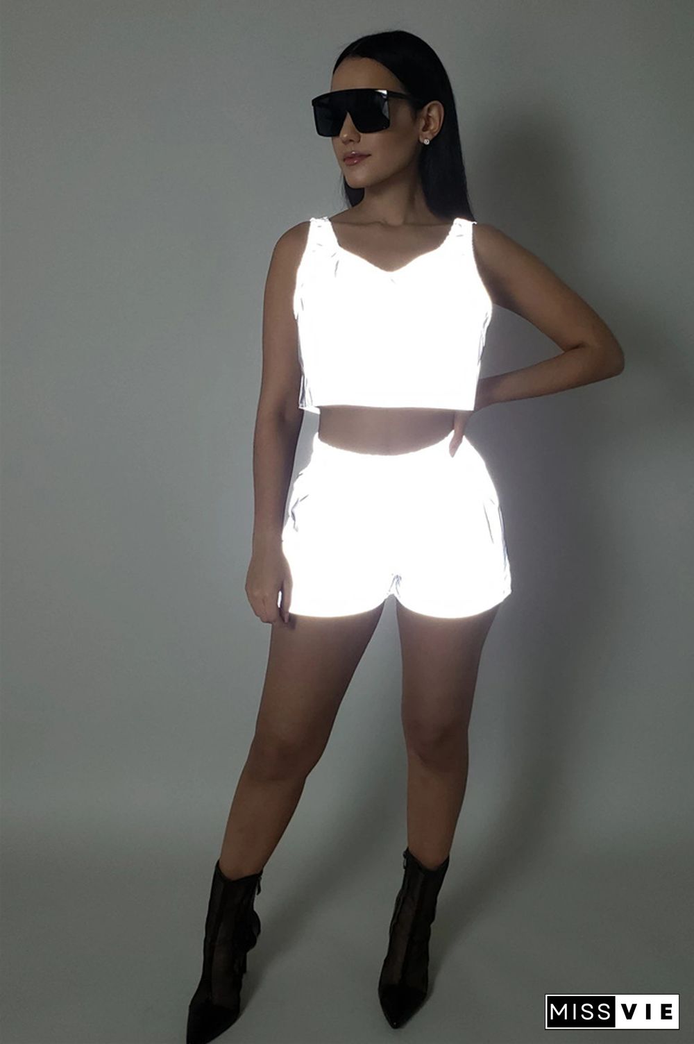 Reflective Sleeveless Crop Top Biker Shorts Sweat Suit