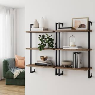 Nathan James Theo 39 in. Rustic Oak Wood Black Pipe 3-Shelf Floating Shelves Wall Mount Accent Bookcase with Metal Frame 65901