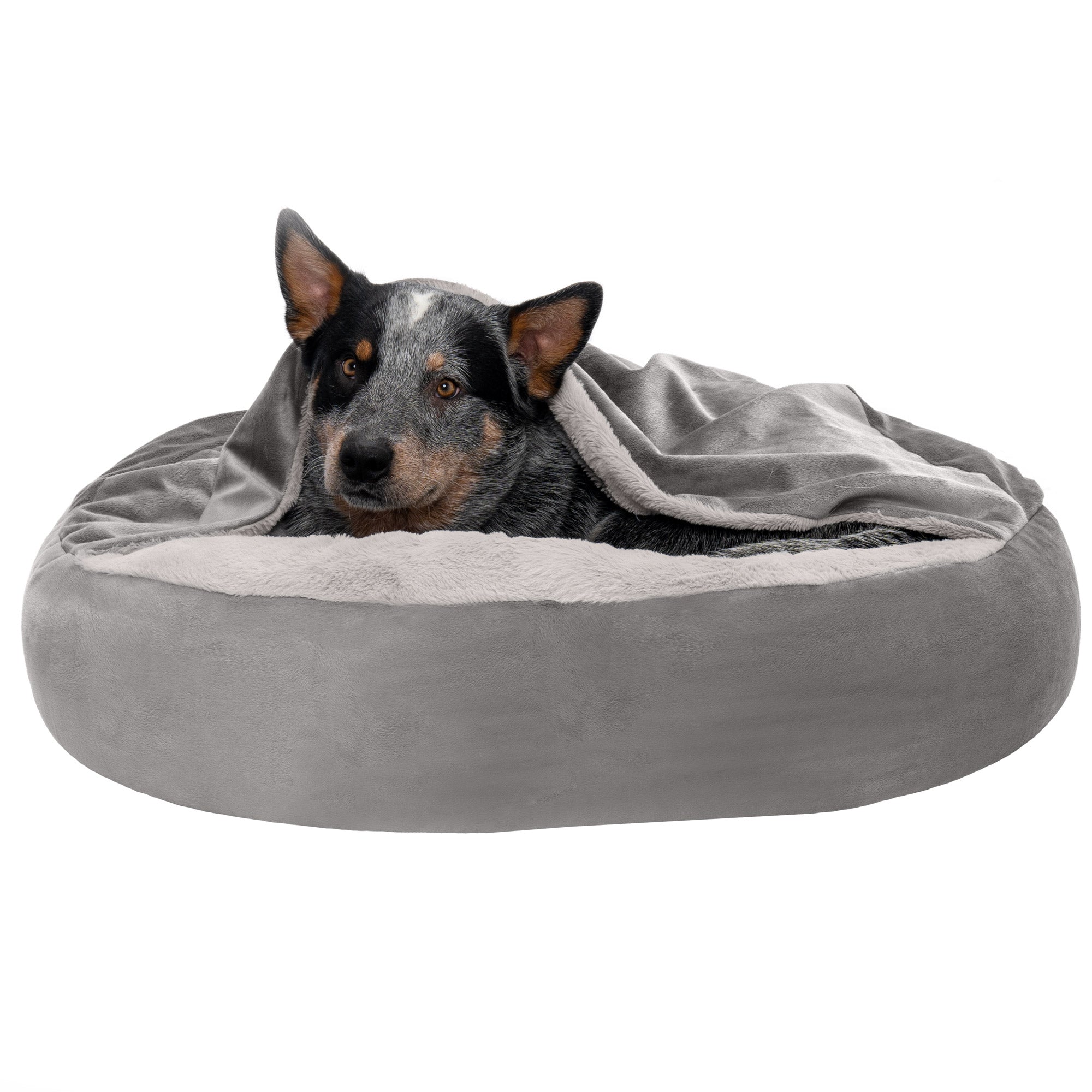 FurHaven | Wave Faux Fur & Velvet Hooded Donut Pet Bed for Dogs & Cats, Dark Gray, Medium