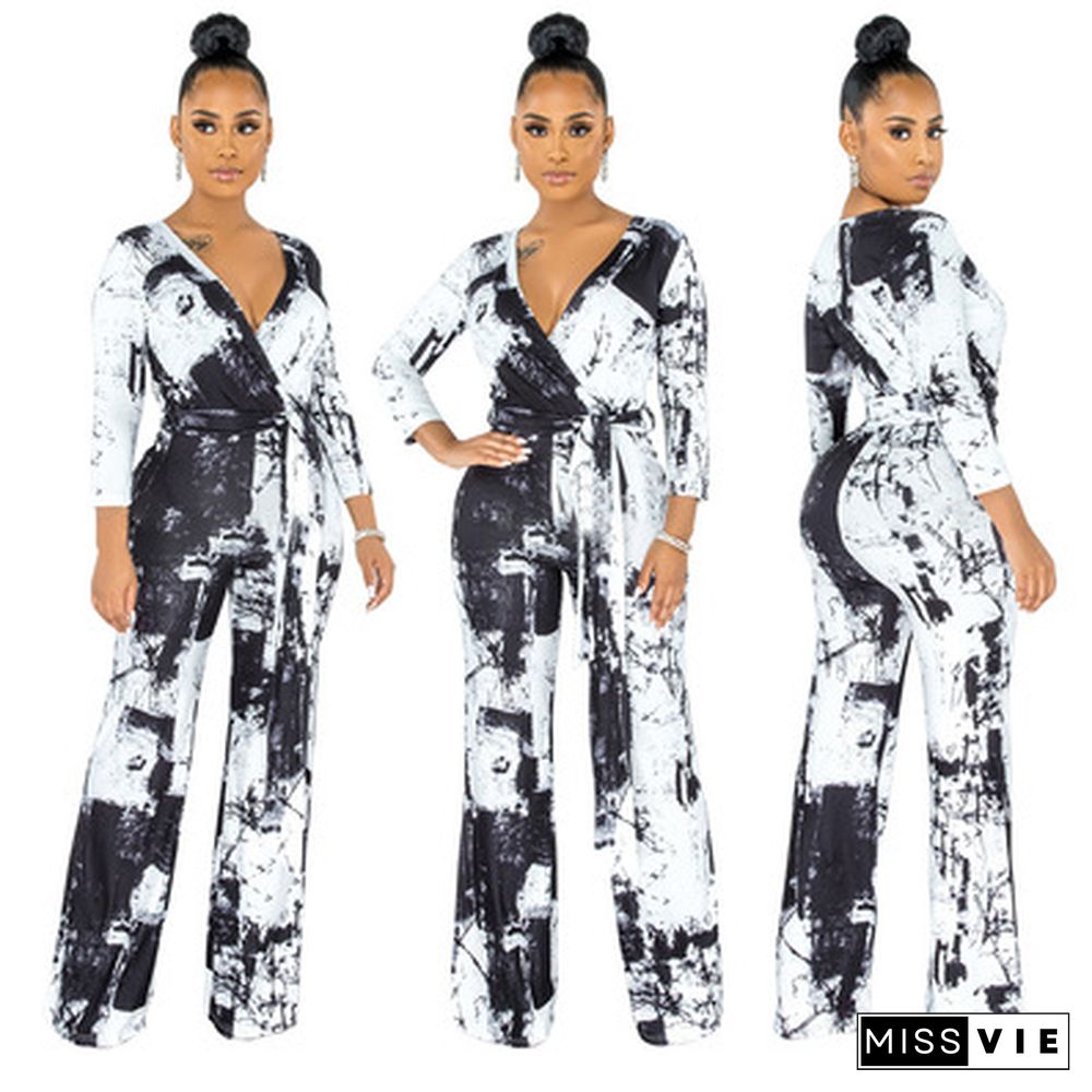 Black And White Inkjet Sputtering Element Printed Loose Jumpsuit