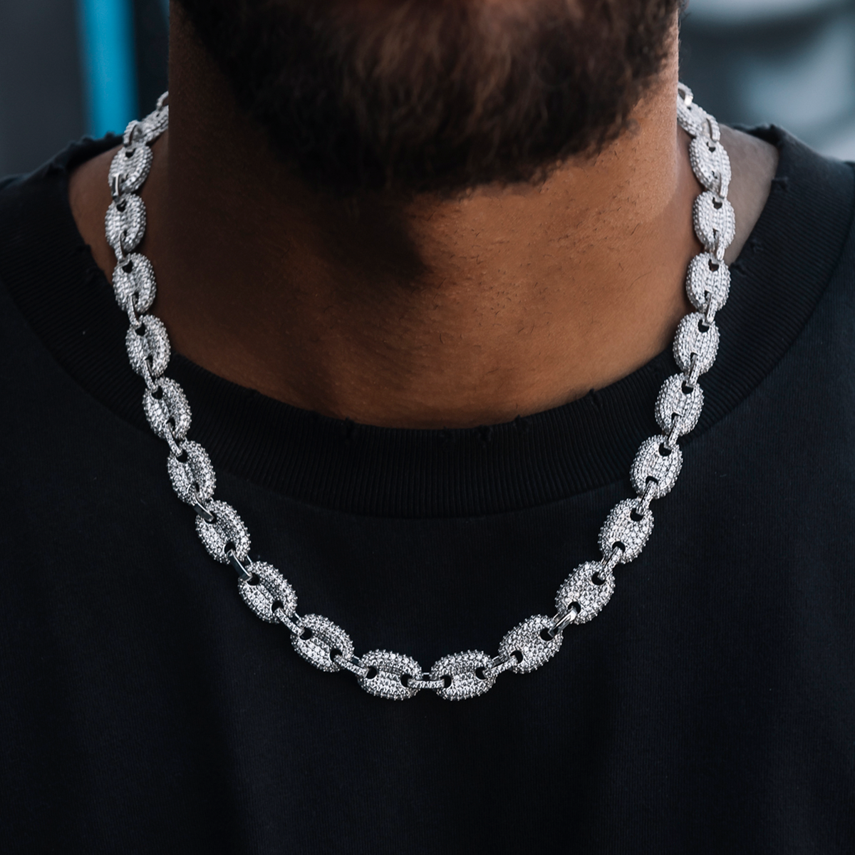 Diamond Puffed Mariner Chain in White Gold- 12mm