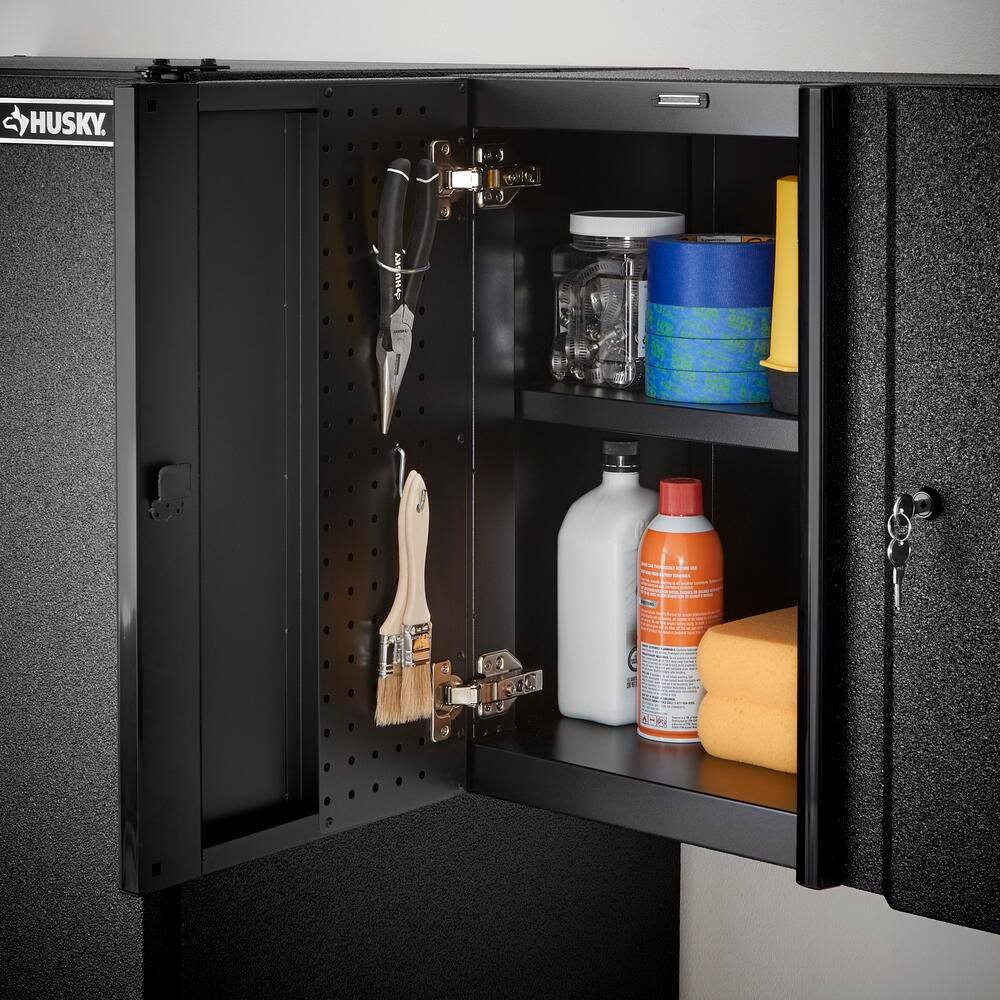 Husky HTC1000010-LX Pro Duty Welded 20-Gauge Steel Wall Mounted Garage Cabinet in Black LINE-X (28 in. W x 22 in. H x 14 in. D)