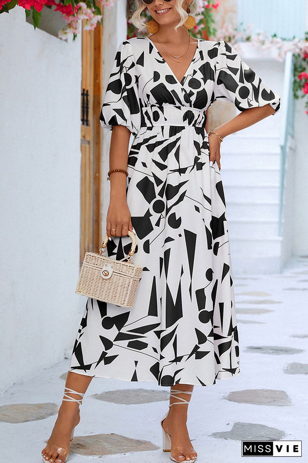 Wrap V Neck Geometric Print Bubble Sleeves Maxi Dress