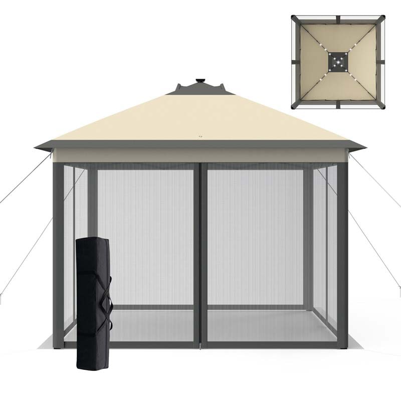 11 x 11 FT Pop-Up Gazebo Tent Portable Canopy Shelter with Carry Bag & Mesh Netting & LED Lights