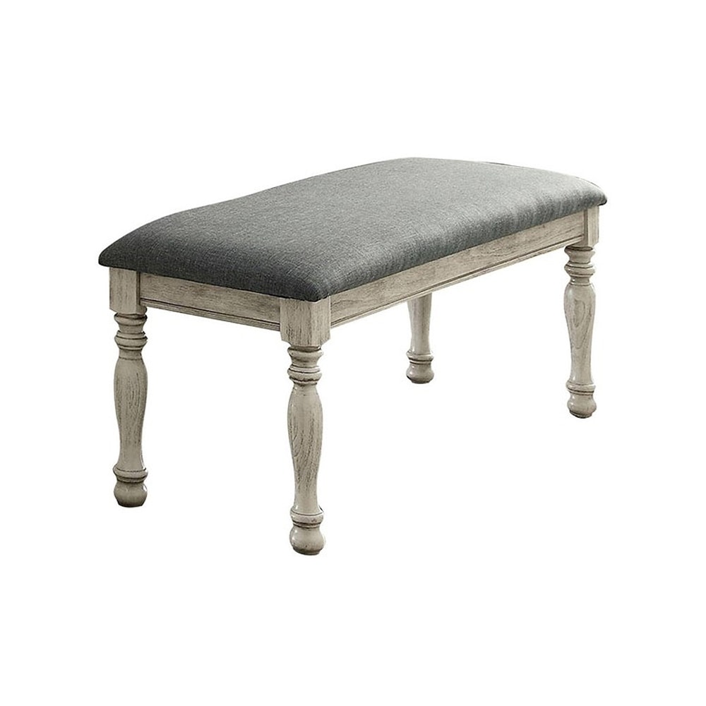 Fabric Padded Dining Bench in Antique White and Gray Finish