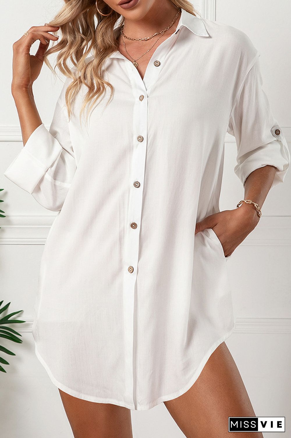 Casual Solid Buckle Turndown Collar Shirt Dress (6 Colors)