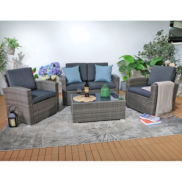 4 Person Patio Rattan Conversation Set with Grey Cushions Outdoor Tempered Glass Table