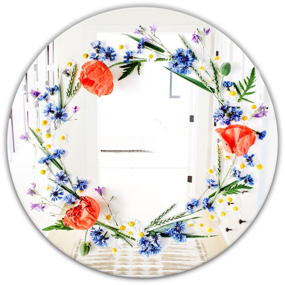 Designart 'Orange and Blue Flowers' Printed Cabin and Lodge Round Decorative Mirror   Red