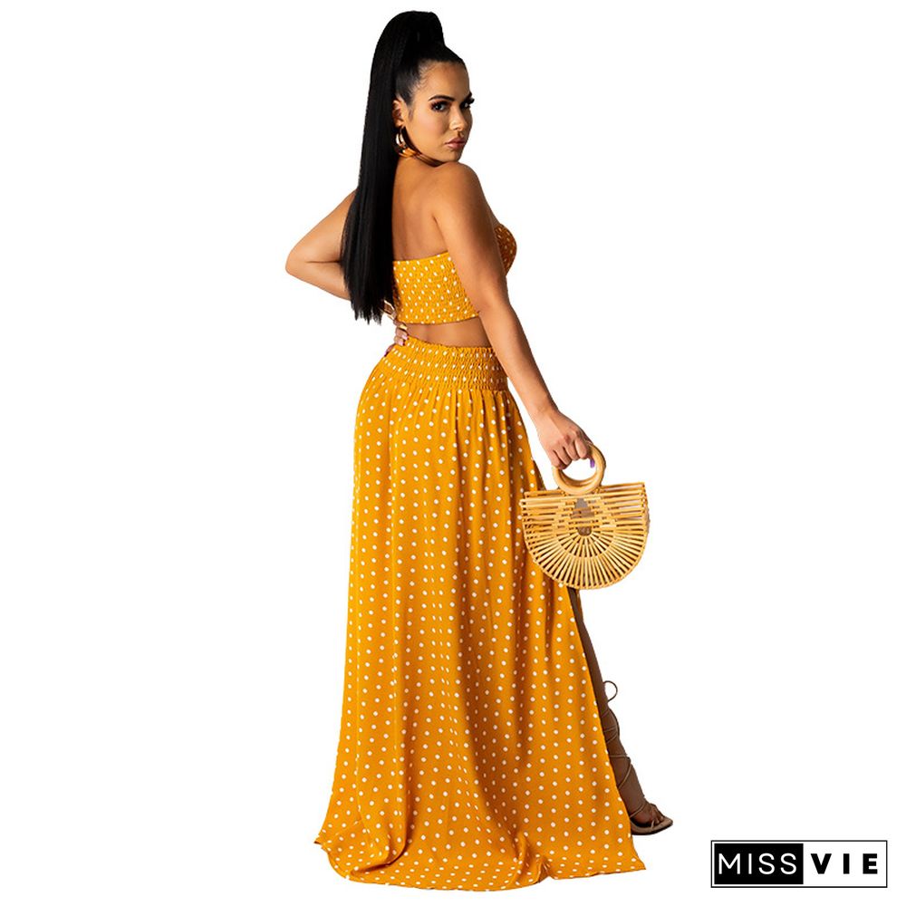 Women Polka Dots Print Strapless Crop Top High Split Maxi Skirt Summer Vacation Two Piece Dress Set