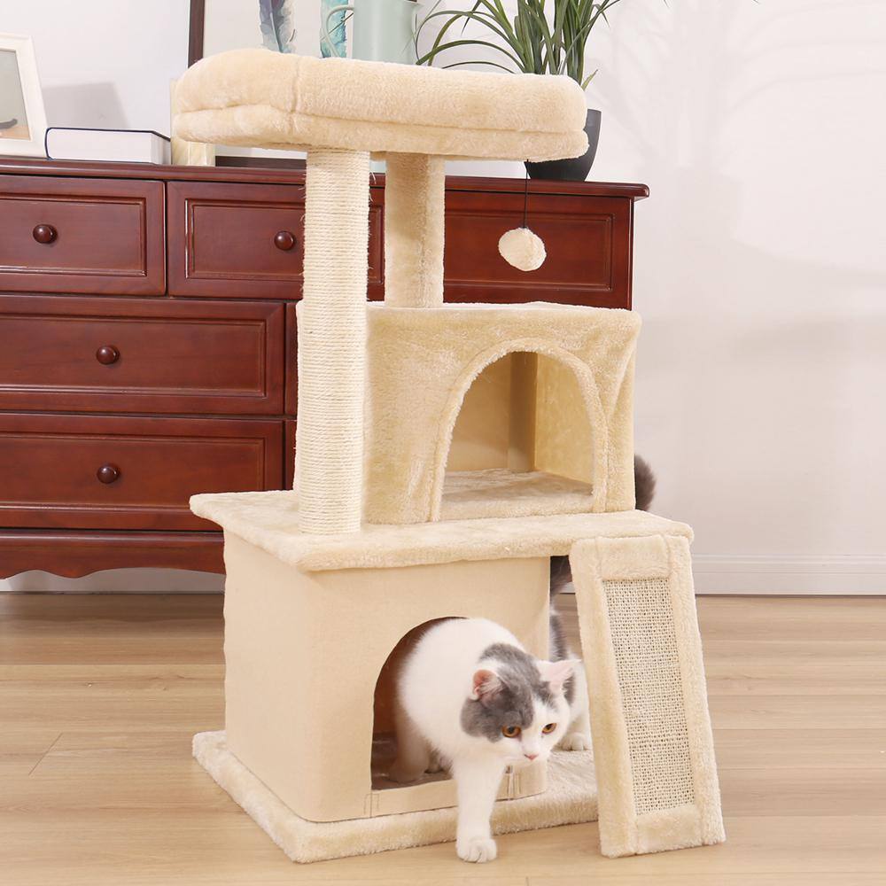 Foobrues Beige Cat Tree Sisal Scratching Post Plush Condo Playhouse with Dangling Toys L-W79632459