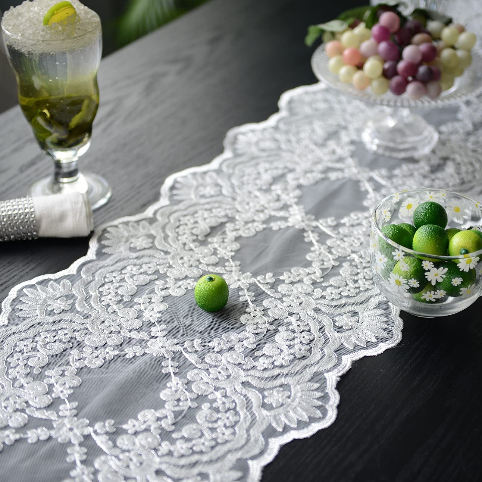 Lace Table Runner Embroidered Dresser Scarf，for Kitchen Dining Picnic Coffee Table，Mantel Scarf and Wedding Banquet Home Decoration (White， 12×48)