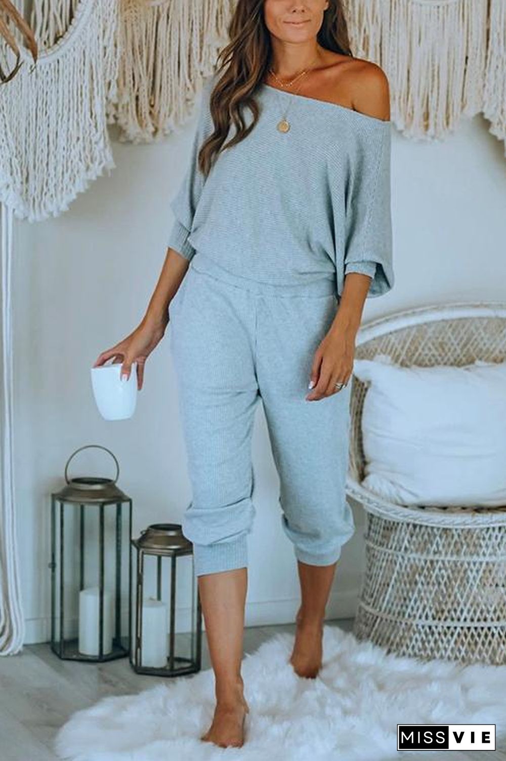 Batwing Long Sleeves Top and Long Pants Loungewear Set