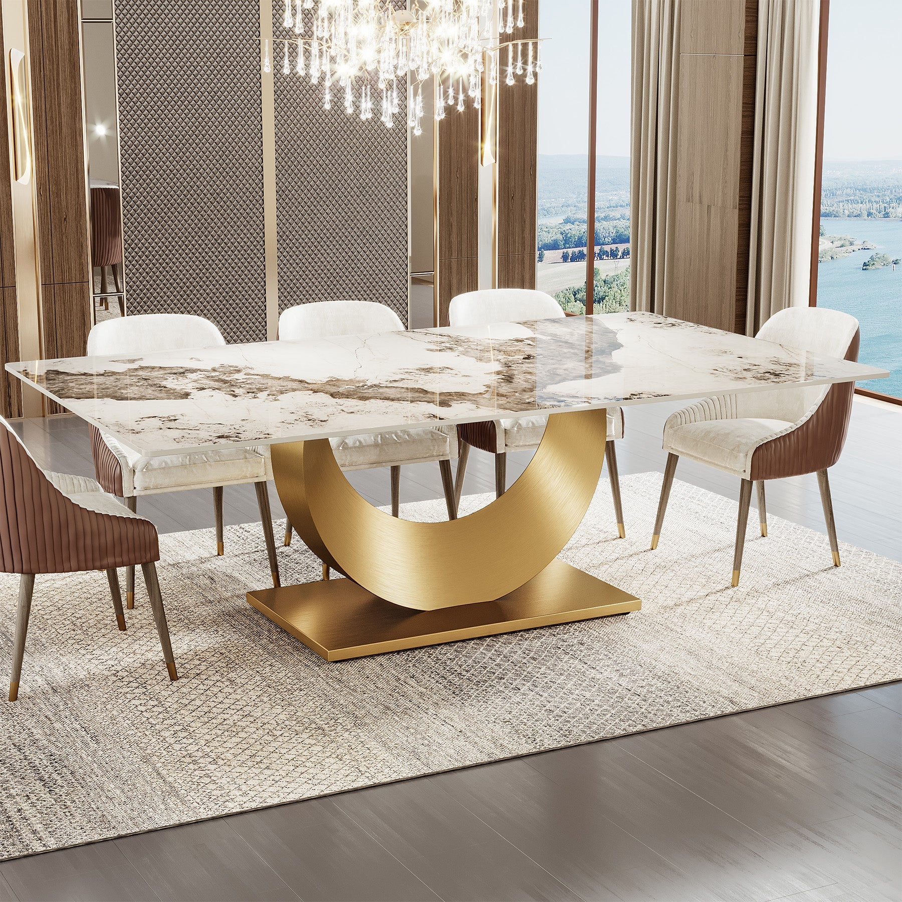 79 Sintered Stone Dining Table with Stainless Steel Pedestal for 8 people