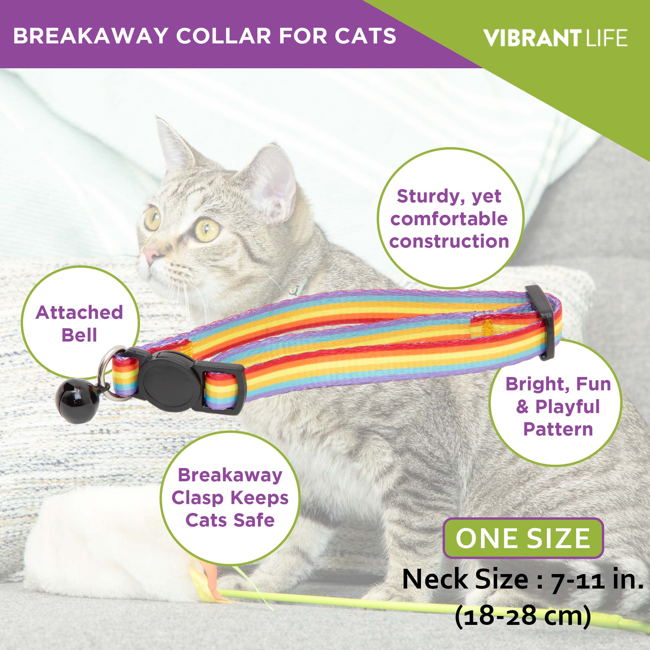 Vibrant Life 2-Pack Cat Collar， Multi Color Rainbow Stripe， and Solid Blue， One Size