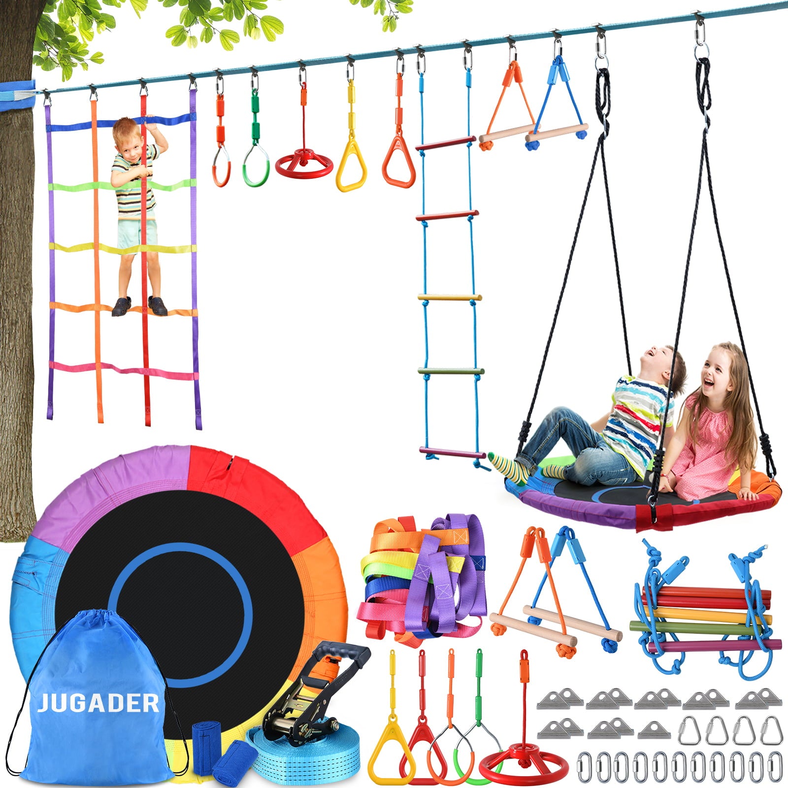 Jugader 50ft Ninja Warrior Hanging Obstacle Course Slackline Monkey Bars with Saucer Tree Swing Seat