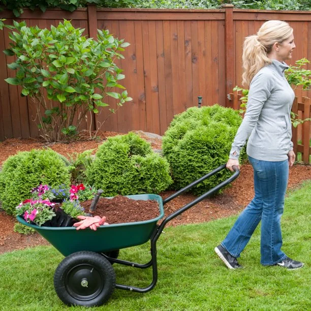 Garden Star Dual Wheel， Poly Tray Yard Rover Wheelbarrow， Green