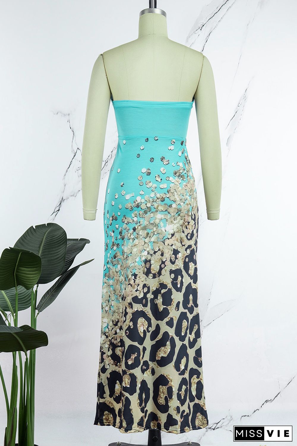 Lake Green Sexy Casual Print Hollowed Out Backless Strapless Long Dress Dresses