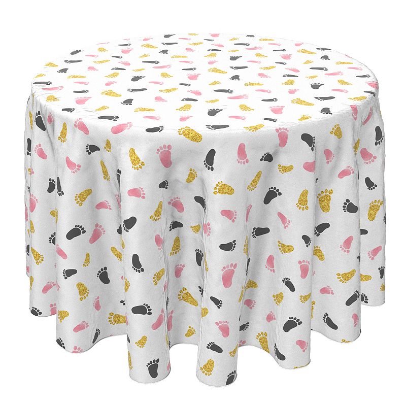 Round Tablecloth， 100% Cotton， 60 Round， Pink and Gold Baby Foot Prints