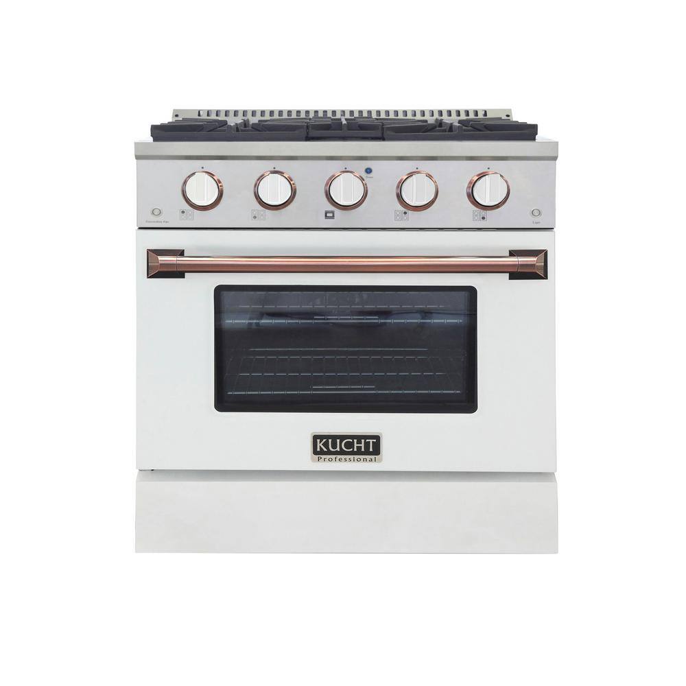 Kucht Custom Color KNG 30 in. 4.2 cu. ft. Propane Gas Range with Convection Oven in White with Rose Gold Handle KNG301LP-W-ROSE